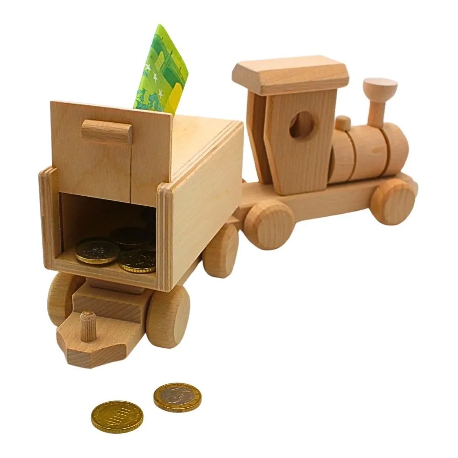 Dekohelden24 Dekorative Fahrbare Holz Spardose Sparbüchse Lokomotive Eisenbahnspardose mit Wagon aus Buchenholz zum Gestalten L/B/H 36 x 8 x 12 cm_6
