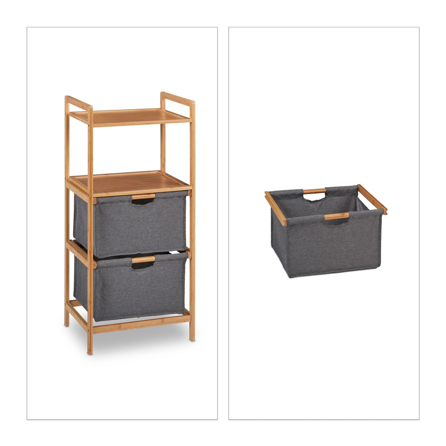 Relaxdays Badregal mit Wäschekörben Bambus Natur Grau Ausziehbar 96 cm x 44 cm x 34 cm 3,7 kg