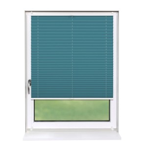 Petrolfarbenes Plissee 40x150 cm am Fenster, blickdicht und ohne Bohren montiert.