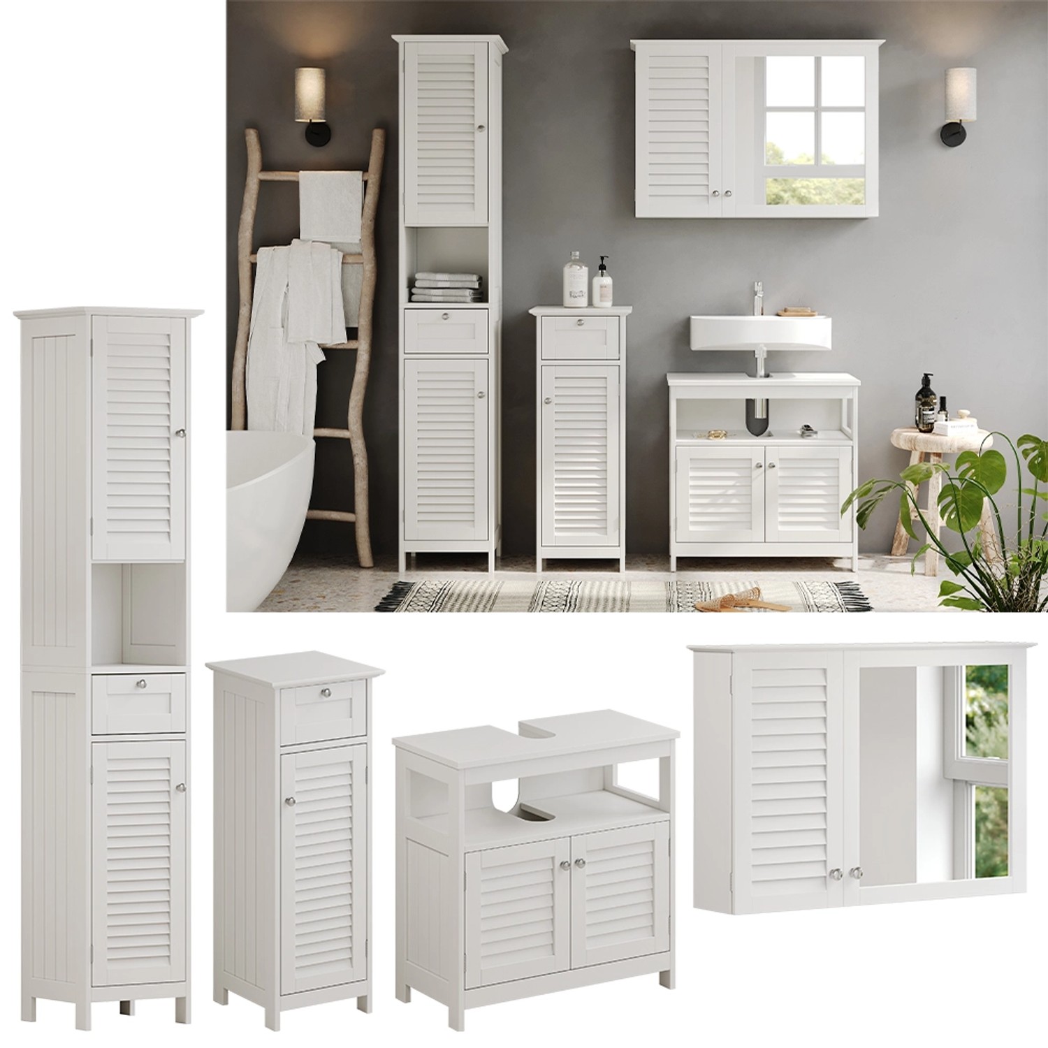 Vicco Badmöbel-Set Riad Weiß, 4-teilig: Hochschrank, Midischrank, Waschtischunterschrank, Spiegelschrank.