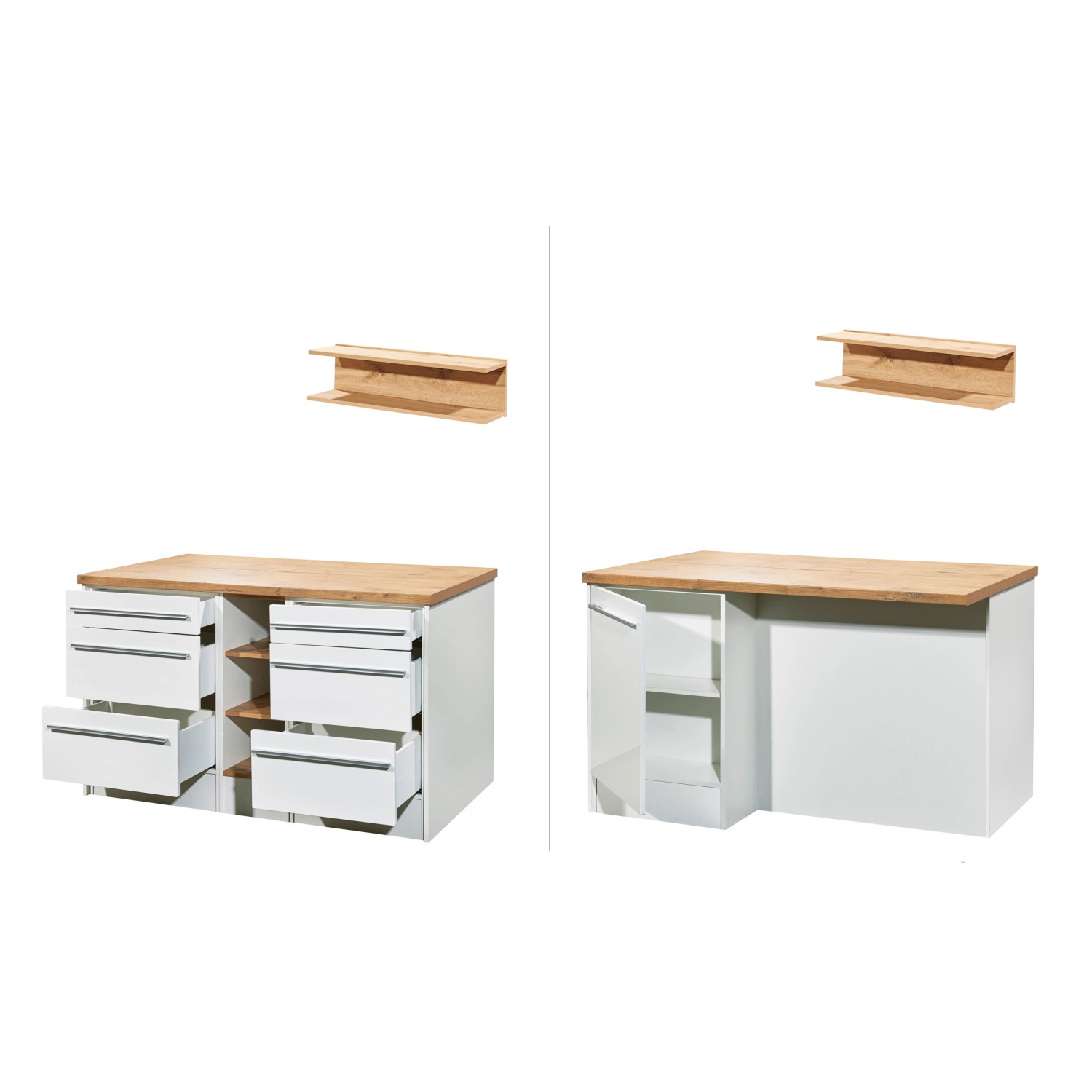 Respekta Küchenzeile Gabriel 290 cm mit Kücheninsel in Weiß Hochglanz, Ansicht von zwei Seiten.