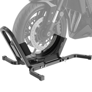 Schwarzer Xpotool Motorradständer für Vorderräder 17-21 Zoll. Robuste Motorradwippe aus pulverbeschichtetem Stahl.