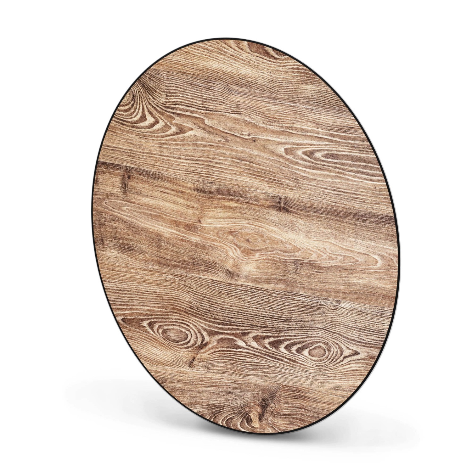 Runde, schwarze Magnettafel (47cm) mit Maserung als Wanddekoration.