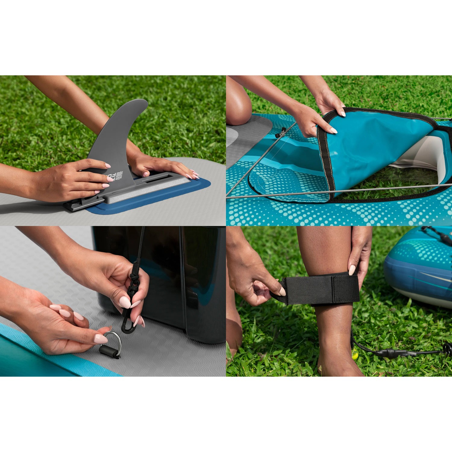 Details des Bestway SUP Freizeit Board-Sets Aqua Drifter: Finne, Stauraum, D-Ring und Leash.