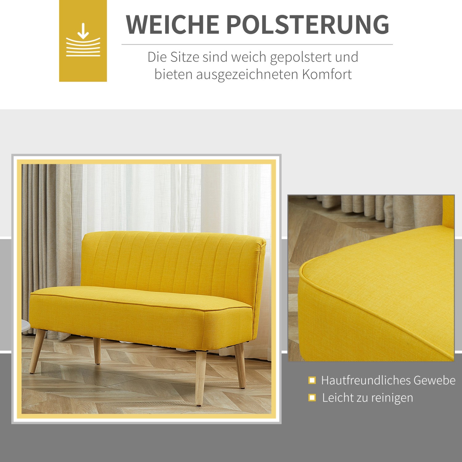 Gelbes 2-Sitzer Sofa von HOMCOM mit Holzbeinen und Stoffbezug.