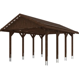 Satteldach-Carport Wallgau in Nussbaum, 430x600 cm, mit Dachlattung. Holzkonstruktion mit acht Pfosten.