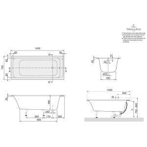 Technische Zeichnung der weißen Villeroy & Boch Architectura Solo Badewanne, 140x70 cm.