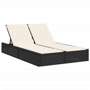 Schwarze Doppel-Sonnenliege aus Poly Rattan mit cremeweißen Kissen. Verstellbare Rückenlehne.