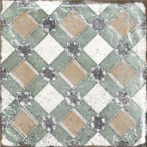 Quadratische, matte Bodenfliese aus Feinsteinzeug, 20x20 cm, mit Muster in Beige, Grün und Grau.