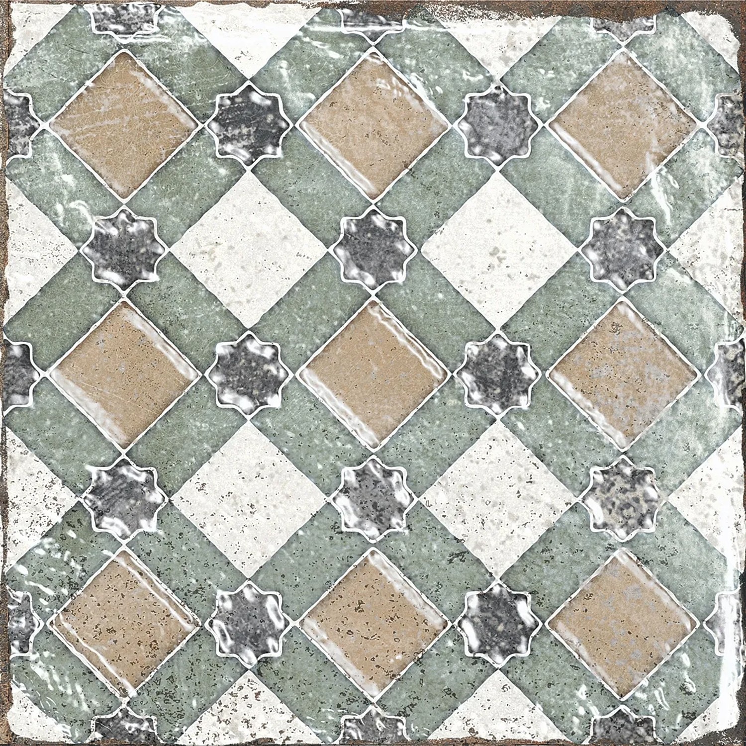 Quadratische, matte Bodenfliese aus Feinsteinzeug, 20x20 cm, mit Muster in Beige, Grün und Grau.