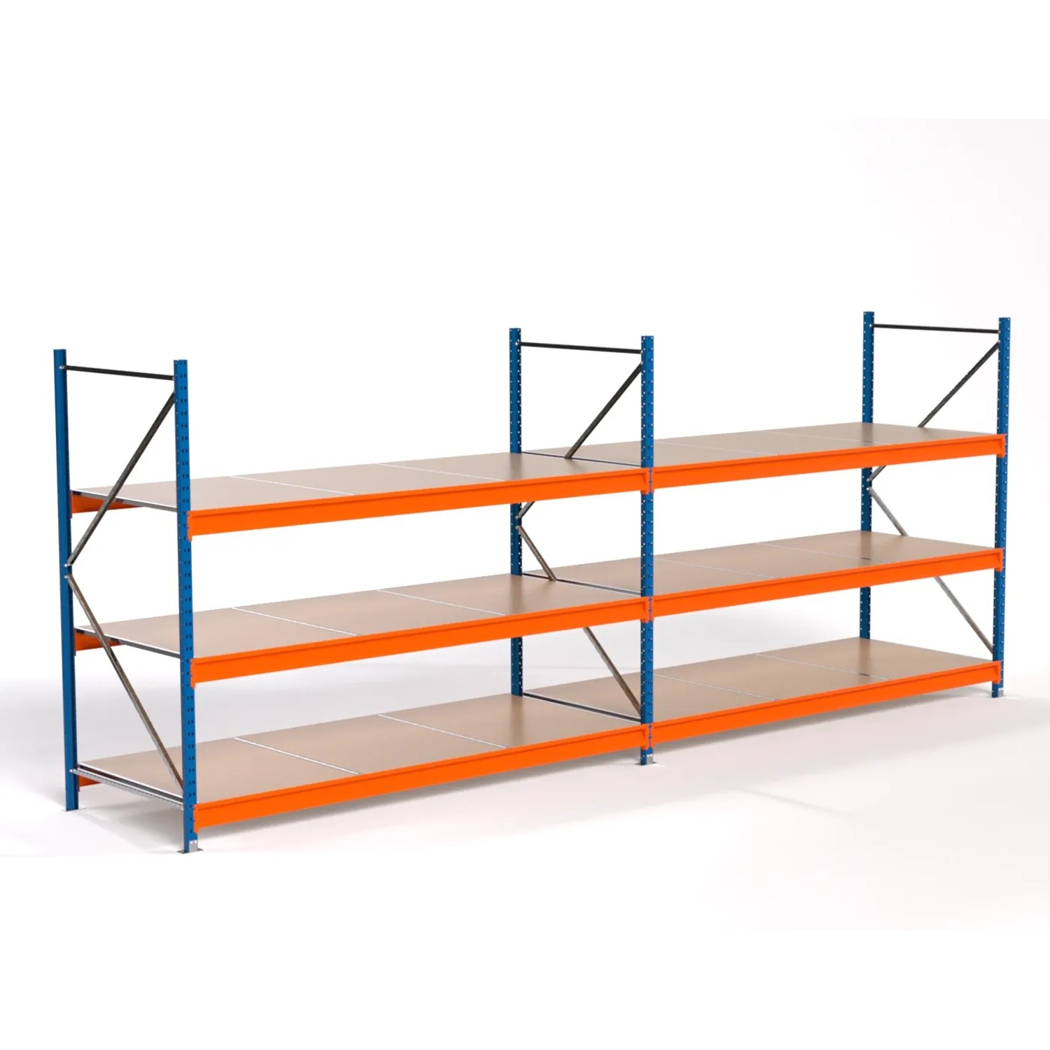 PROREGAL Industrie Weitspannregal Lagerregal MAXIMUS PRO Komplettregal 2 Felder HxBxT 200x500x100cm 3 Spanplatten-Fachboden Fachlast 530kg Blau/Orange