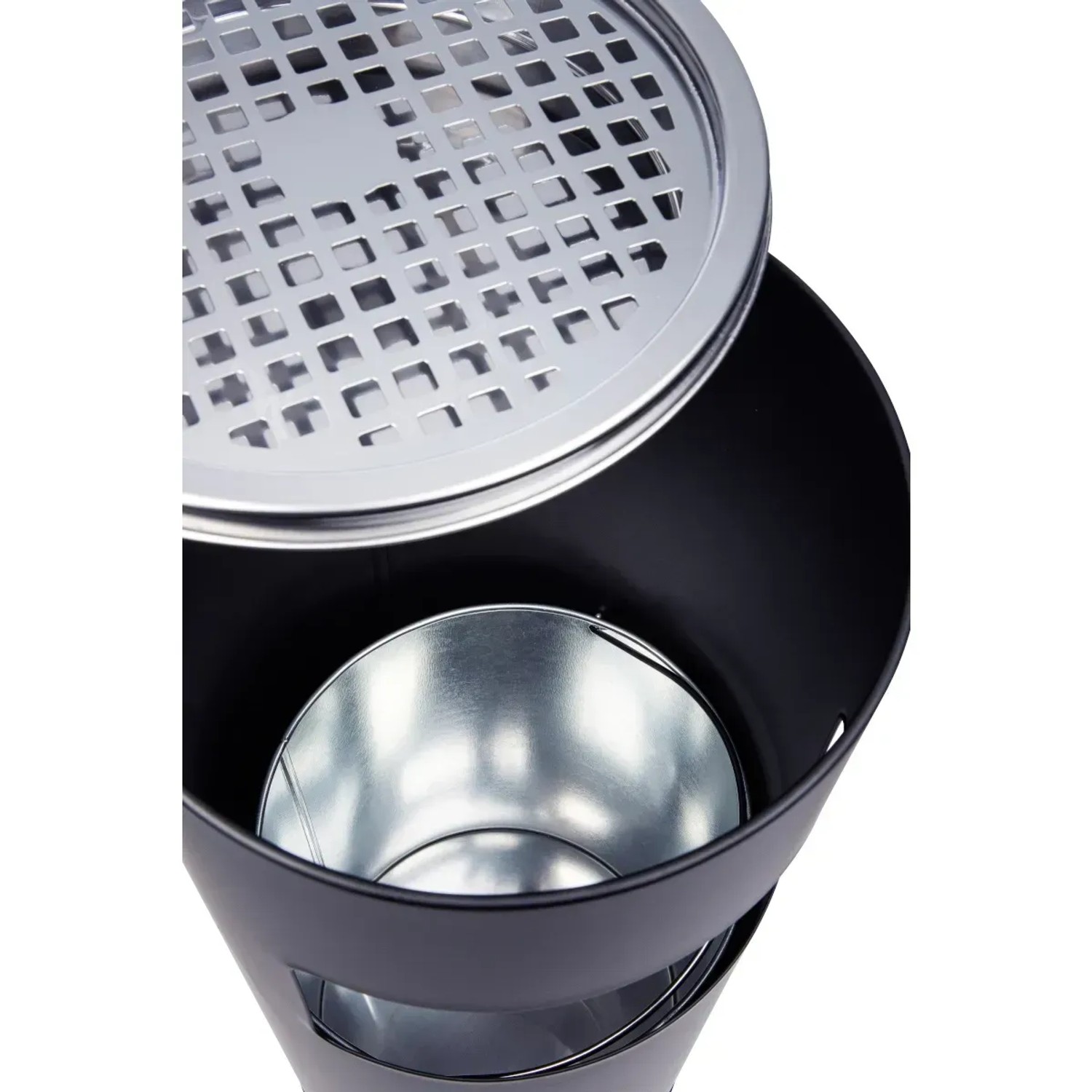 Schwarzer Svita Standaschenbecher mit Mülleimer, 30L, Aschenbecher und Inneneimer sichtbar.