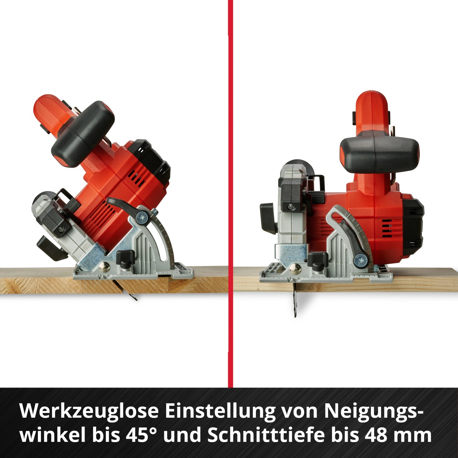 Einhell Akku-Handkreissäge TE-CS 18/150 Li Solo beim Sägen von Holz in zwei verschiedenen Winkeln.