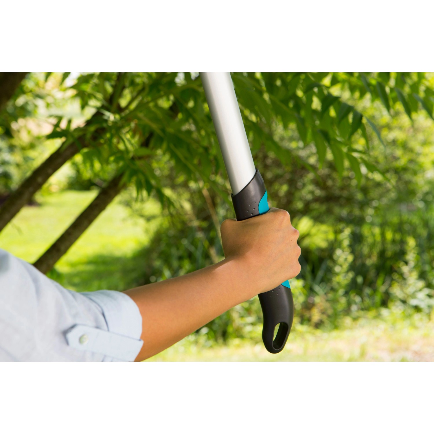 Hand hält Gardena EasyCut 680 A Astschere mit Amboss-Schneideprinzip vor Baum.