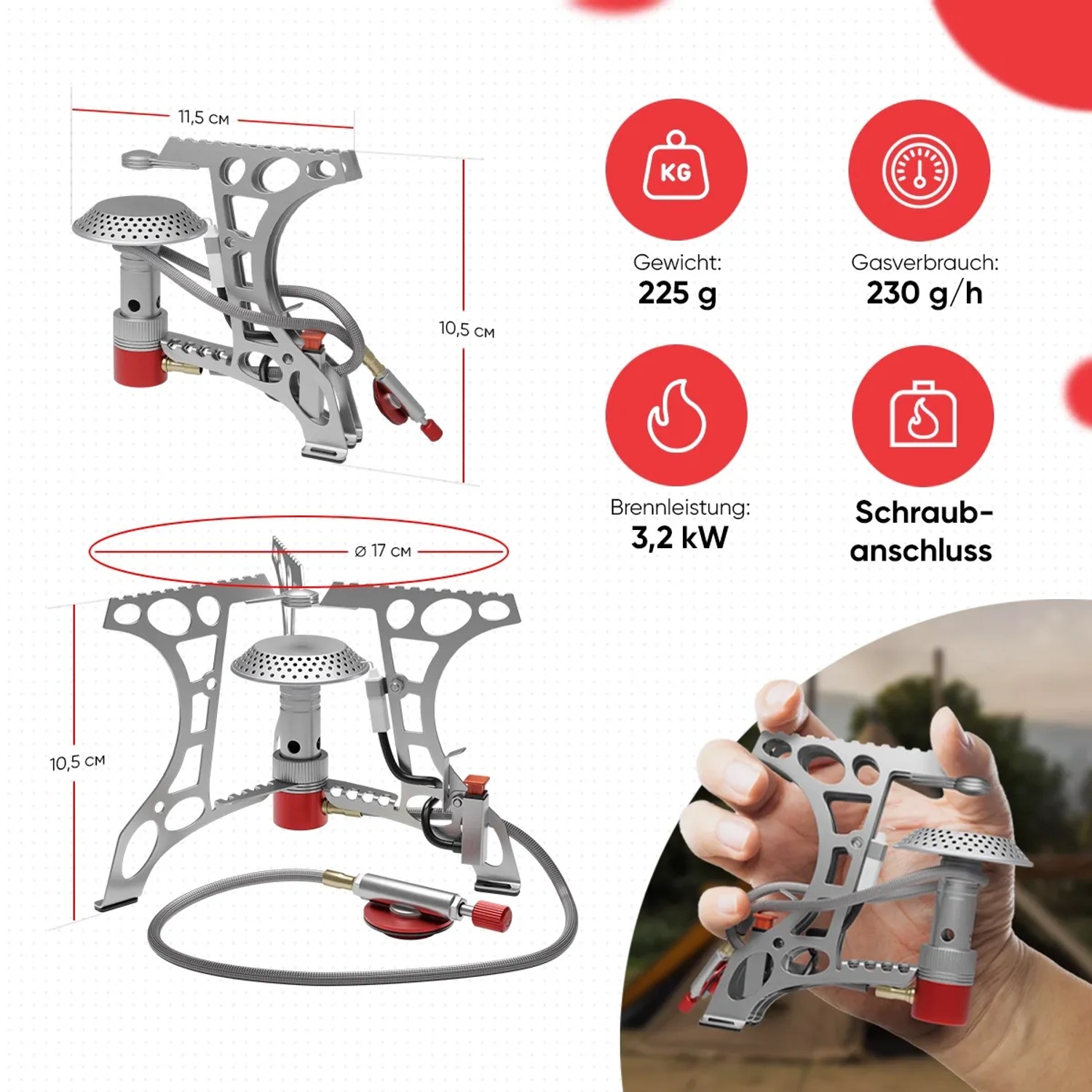 Evocamp Mini-Gaskocher 3.2 kW für Camping & Outdoor, Details zu Maßen und Leistung.
