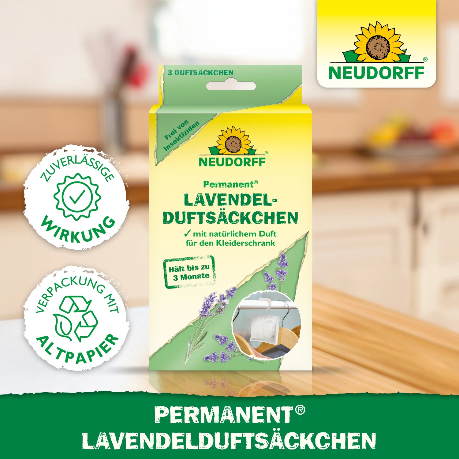 Neudorff Lavendelduftsäckchen Permanent, 3er-Packung zur Mottenabwehr im Kleiderschrank.