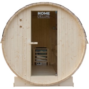 Home Deluxe Fasssauna Lahti Deluxe XL mit 8 kW Ofen aus Fichtenholz, Frontansicht.