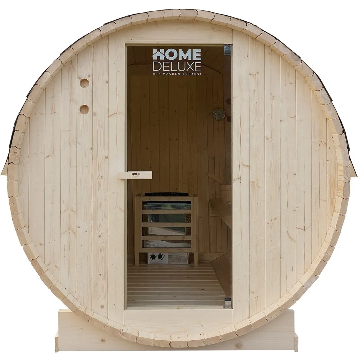 Home Deluxe Fasssauna Lahti Deluxe XL mit 8 kW Ofen aus Fichtenholz, Frontansicht.