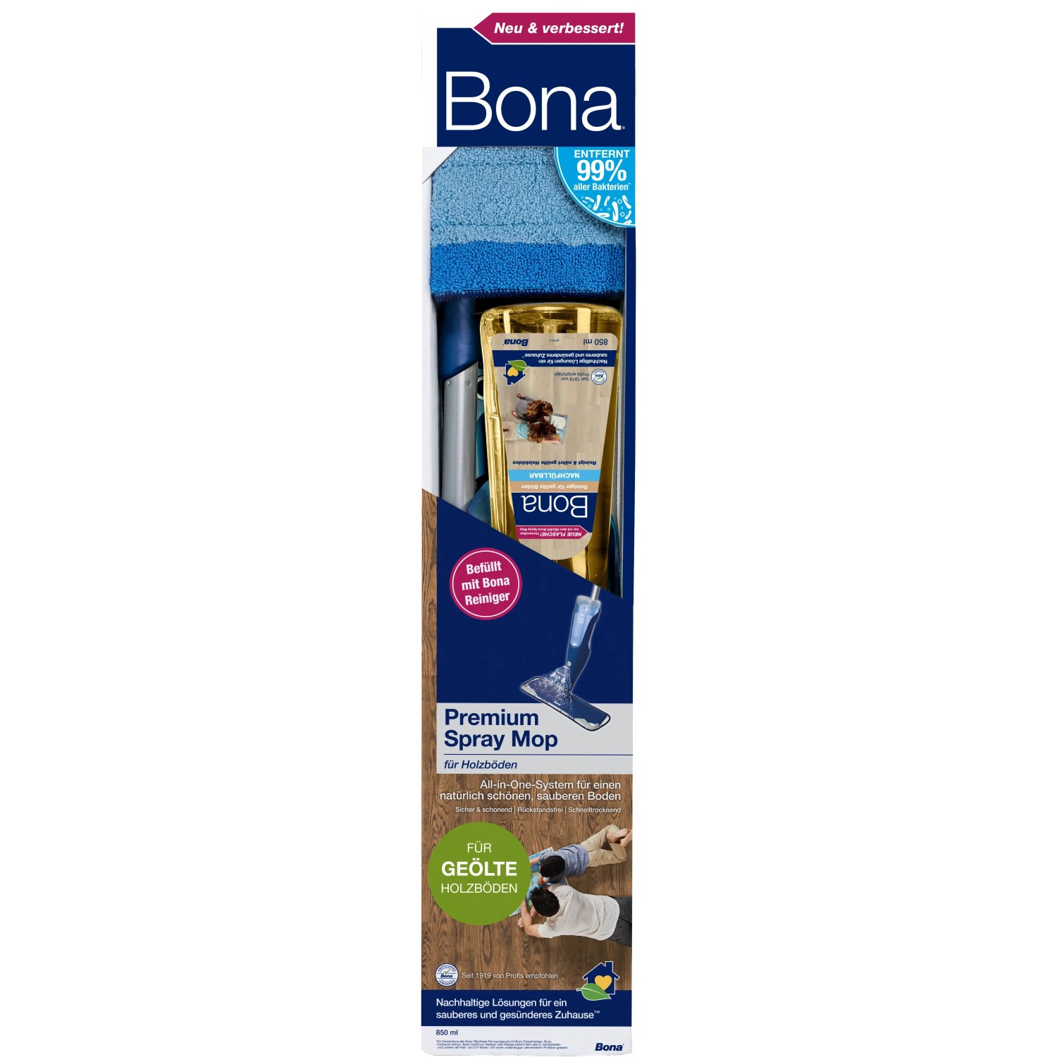 Bona Premium Spray Mop für geölte Holzböden mit Reinigungskartusche und Mikrofaserpad.