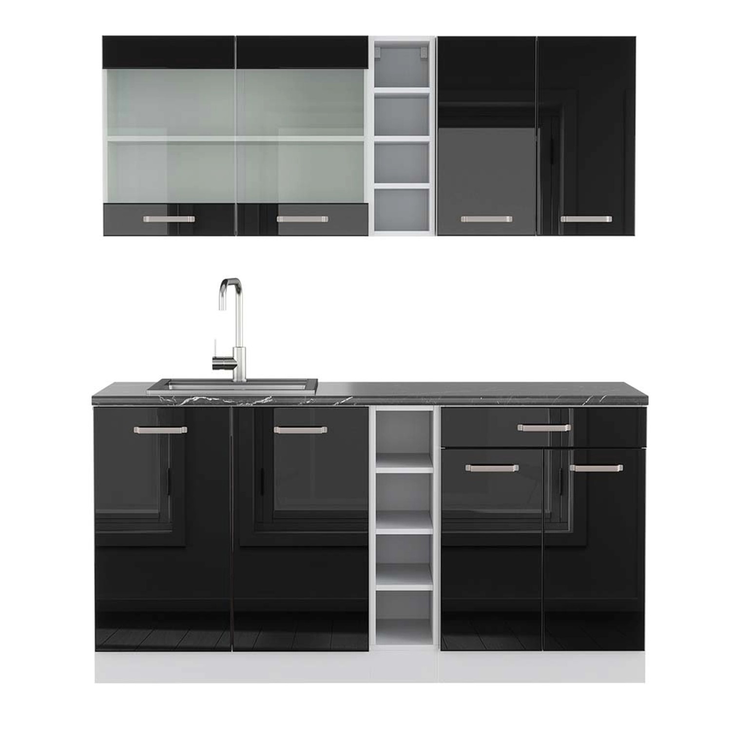 Vicco R-Line Singleküche Schwarz Hochglanz/Weiß 160 cm AP Anthrazit günstig online kaufen