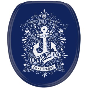 Sanilo WC-Sitz Anker mit Absenkautomatik, Holz, blau mit Anker-Motiv.