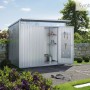 Biohort Metall-Gerätehaus AvantGarde ECO Gr. A1, silber-metallic mit Doppeltür und Innenausstattung.