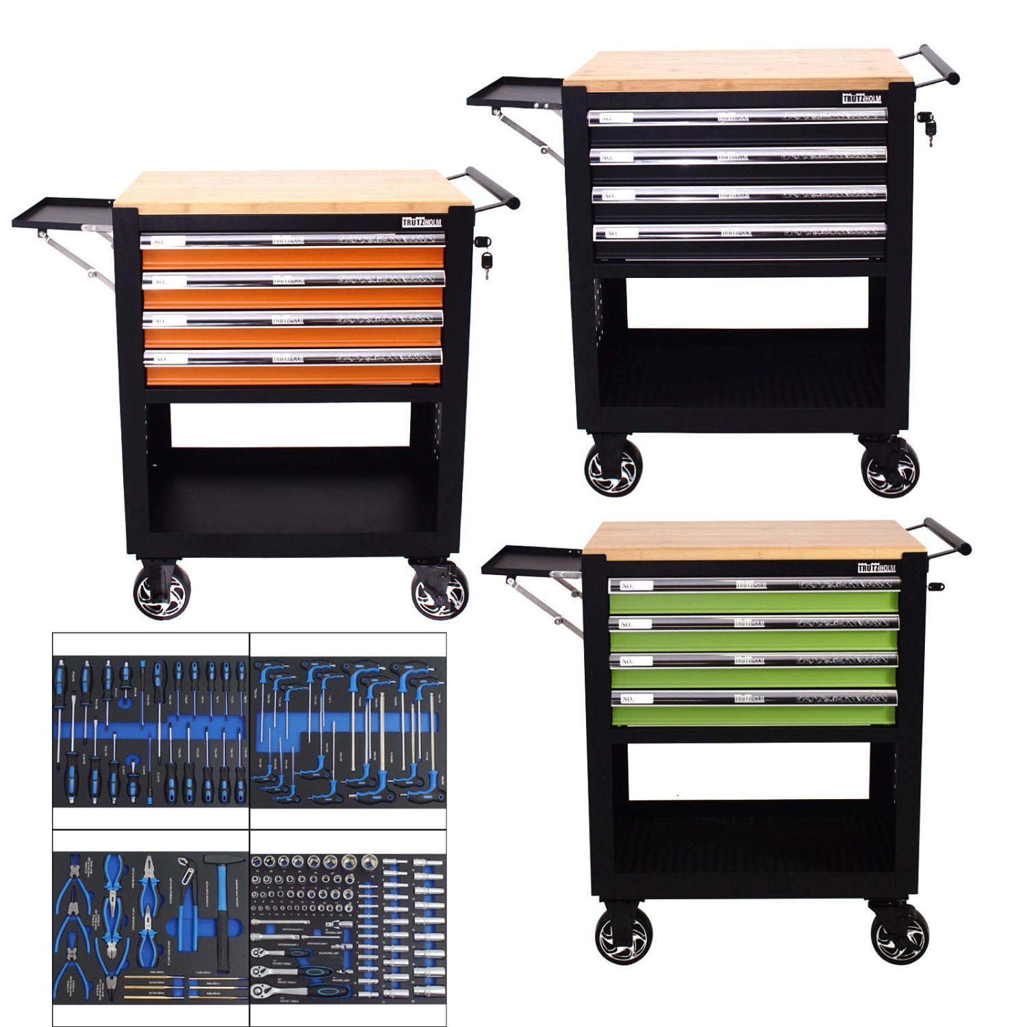 TRUTZHOLM Werkstattwagen 4 Schubladen Bestückt Massivholzplatte Schwarz