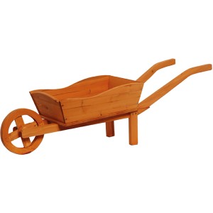 Dekorative Pflanzschubkarre aus braunem FSC®-Holz, ideal für Garten und Terrasse.