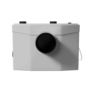 Juskys Hebeanlage 600W, weiße Schmutzwasserpumpe mit schwarzem Anschluss und Zuläufen.