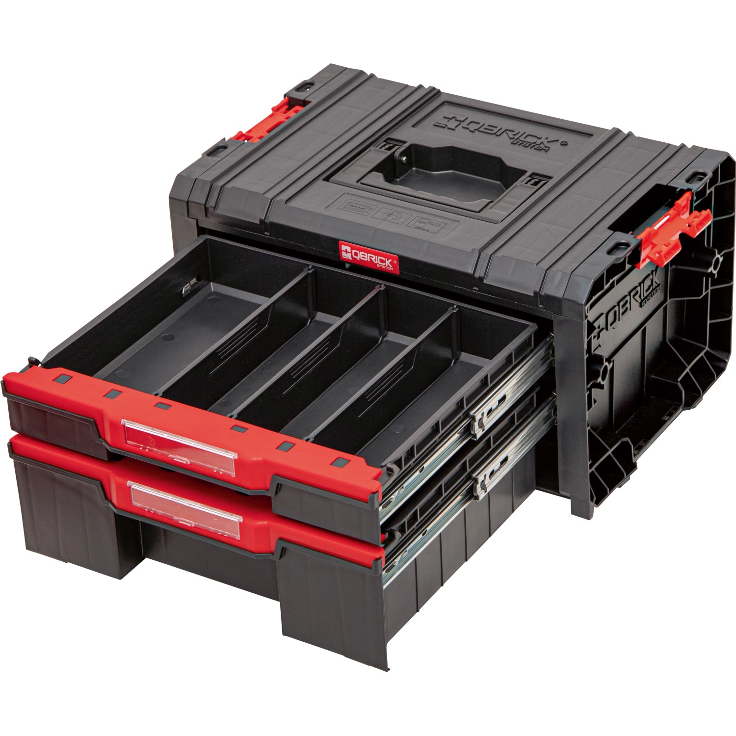 Qbrick Schubladenschrank PRO Drawer 2 Toolbox Basic, Werkzeugkoffer mit zwei Schubladen und rotem Akzent.