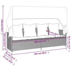 Braune vidaXL Sonnenliege mit Dach, Poly Rattan, inklusive Kissen. Ideal für Garten und Terrasse.