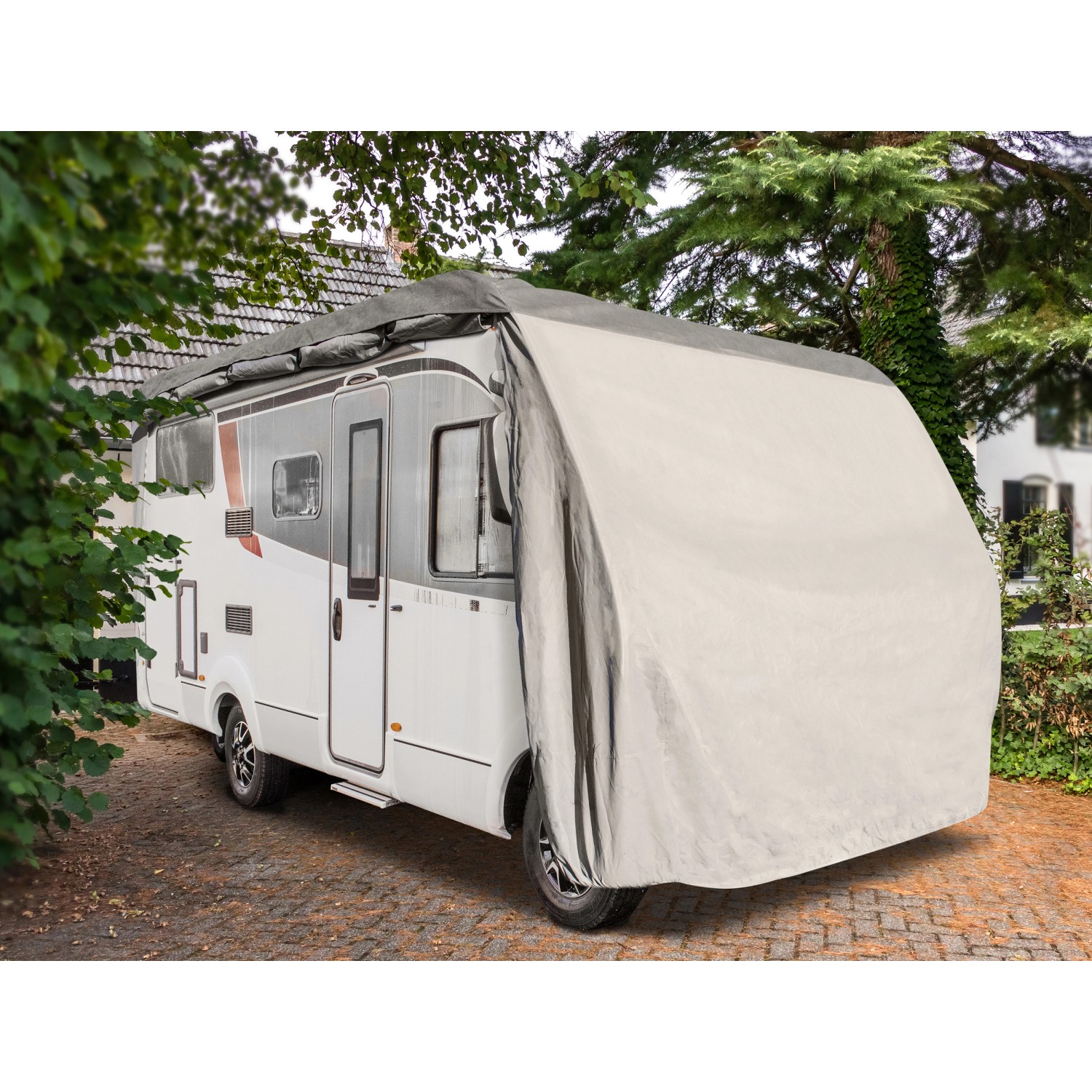 Wohnmobil-Schutzhülle (650x235x270cm) in Beige schützt vor Witterung und Schmutz.
