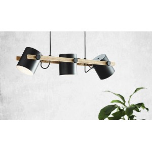 Moderne Eglo Hängeleuchte Hornwood in Schwarz-Braun mit drei Strahlern an Holzträger.