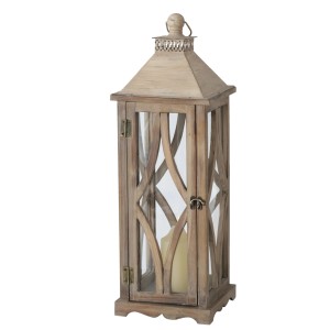 Naturfarbene Holz Laterne Karol von Boltze Home, 60 cm hoch, mit Glaseinsätzen und Shabby-Matt-Optik.