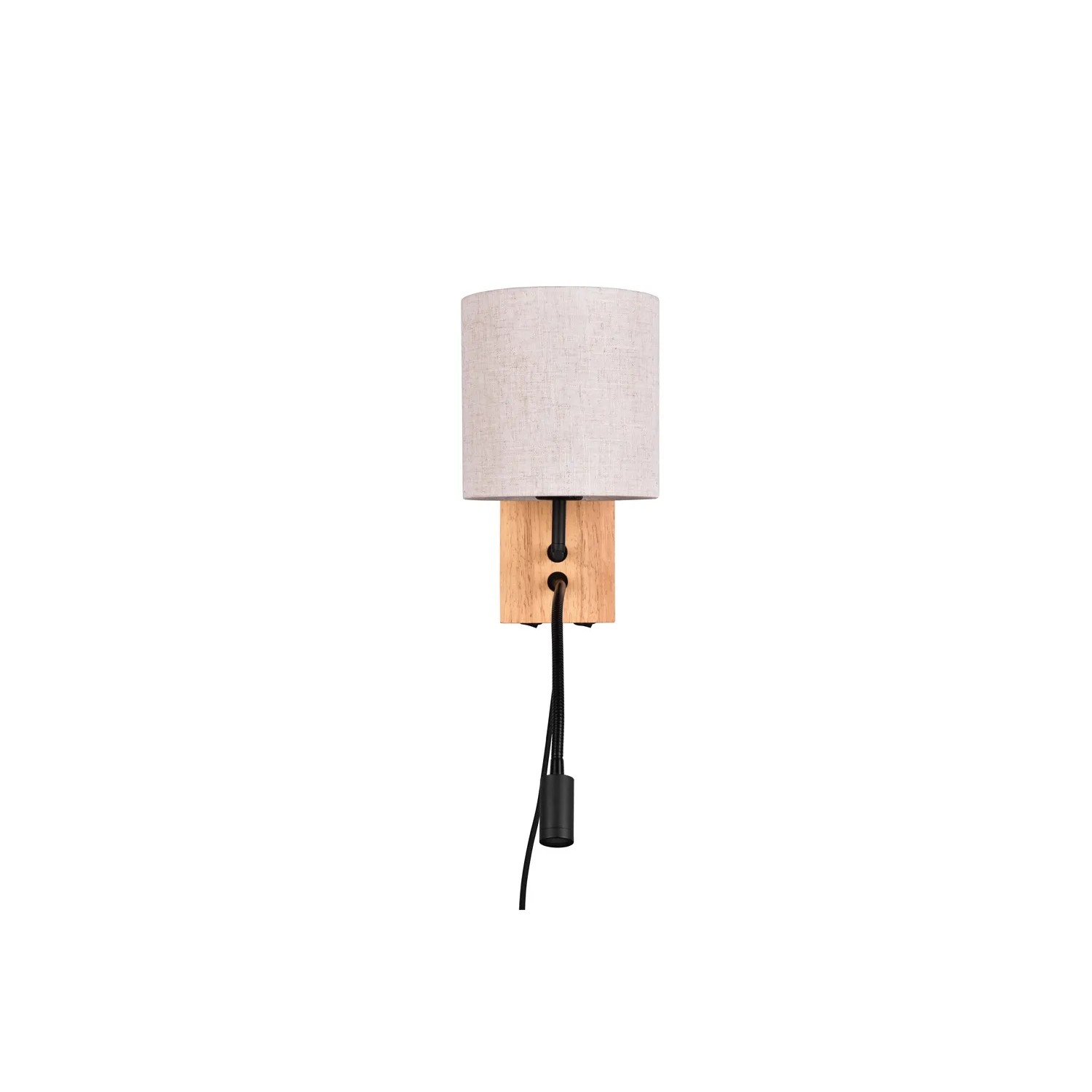 Trio LED-Wandleuchte Nilam mit Stoffschirm, Holzfuß und Lesearm.