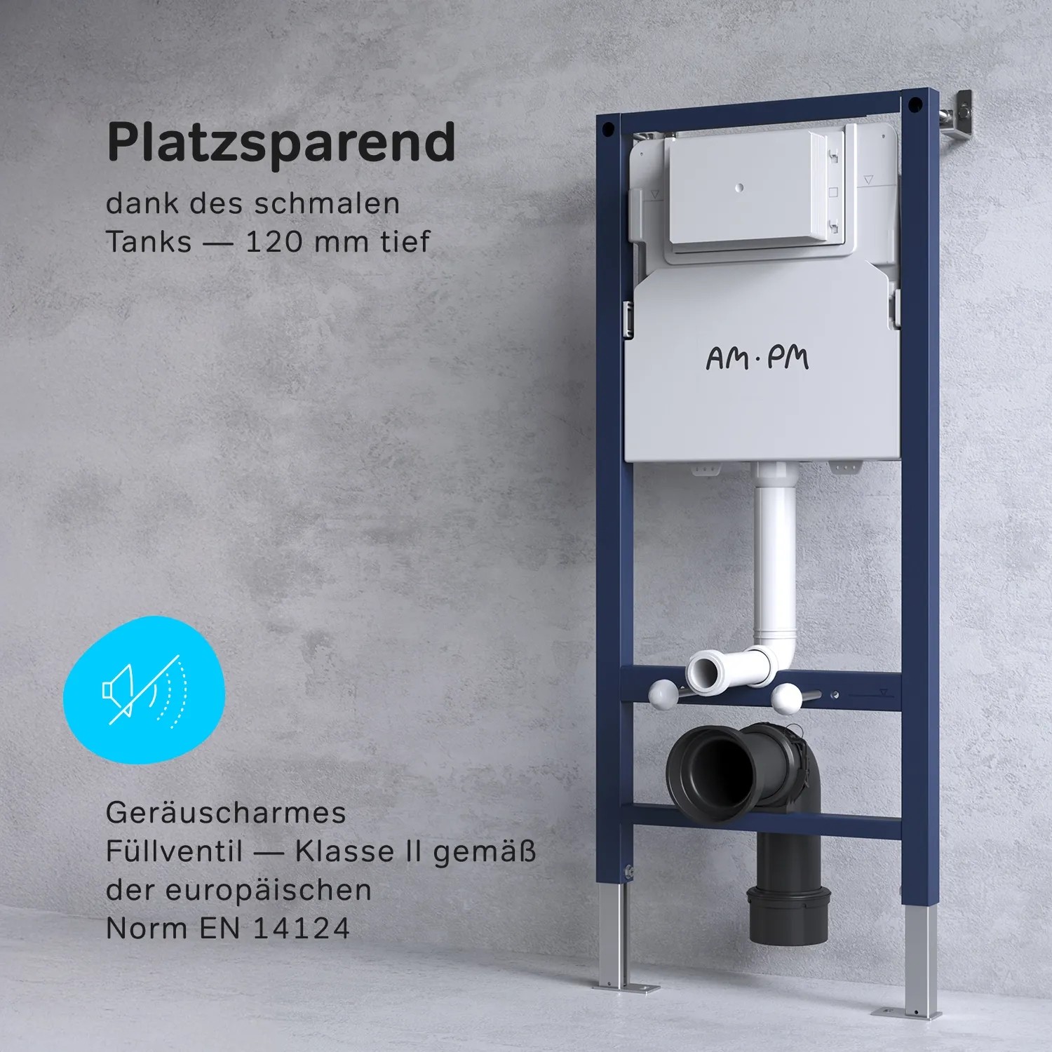 AM.PM Vorwandelement für WC-Set mit blauem Rahmen, schmalem Spülkasten (120mm tief) und leisem Füllventil.