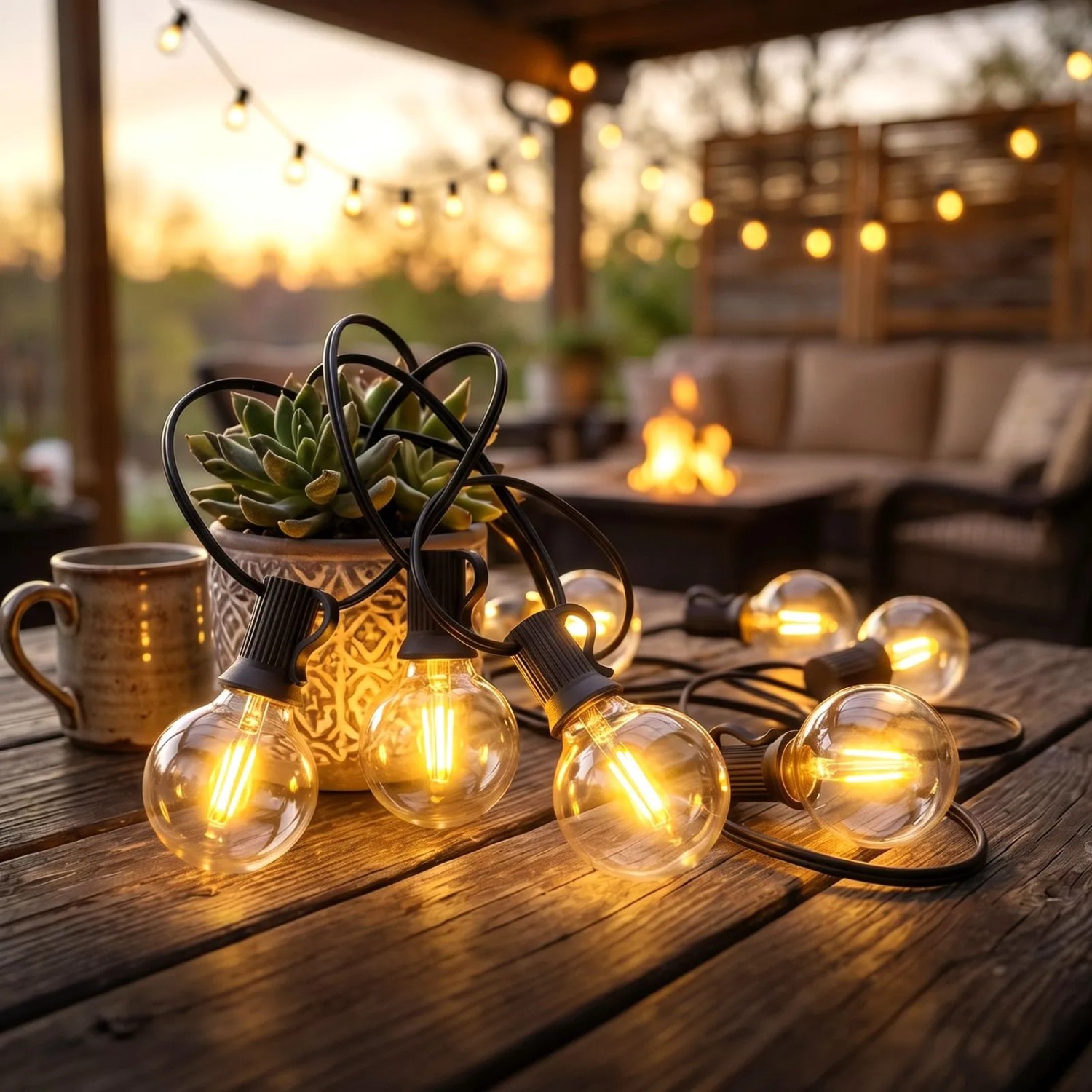 Salcar Solar G40 LED Lichterkette, warmweiß, auf Holztisch. Ideal für gemütliche Außen- & Weihnachtsbeleuchtung.