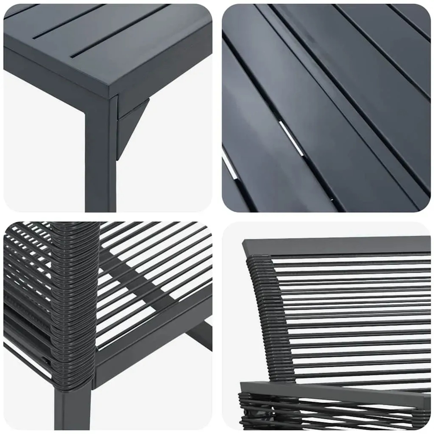 Detailansichten der vidaXL Garten Essgruppe, 9-teilig, schwarz, Stahl/Poly Rattan: Tischplatte, Stuhlgeflecht, Gestell.