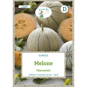 Saatgutpackung Grüne Fee Charentais Melone mit reifen Melonen und angeschnittenen Früchten.