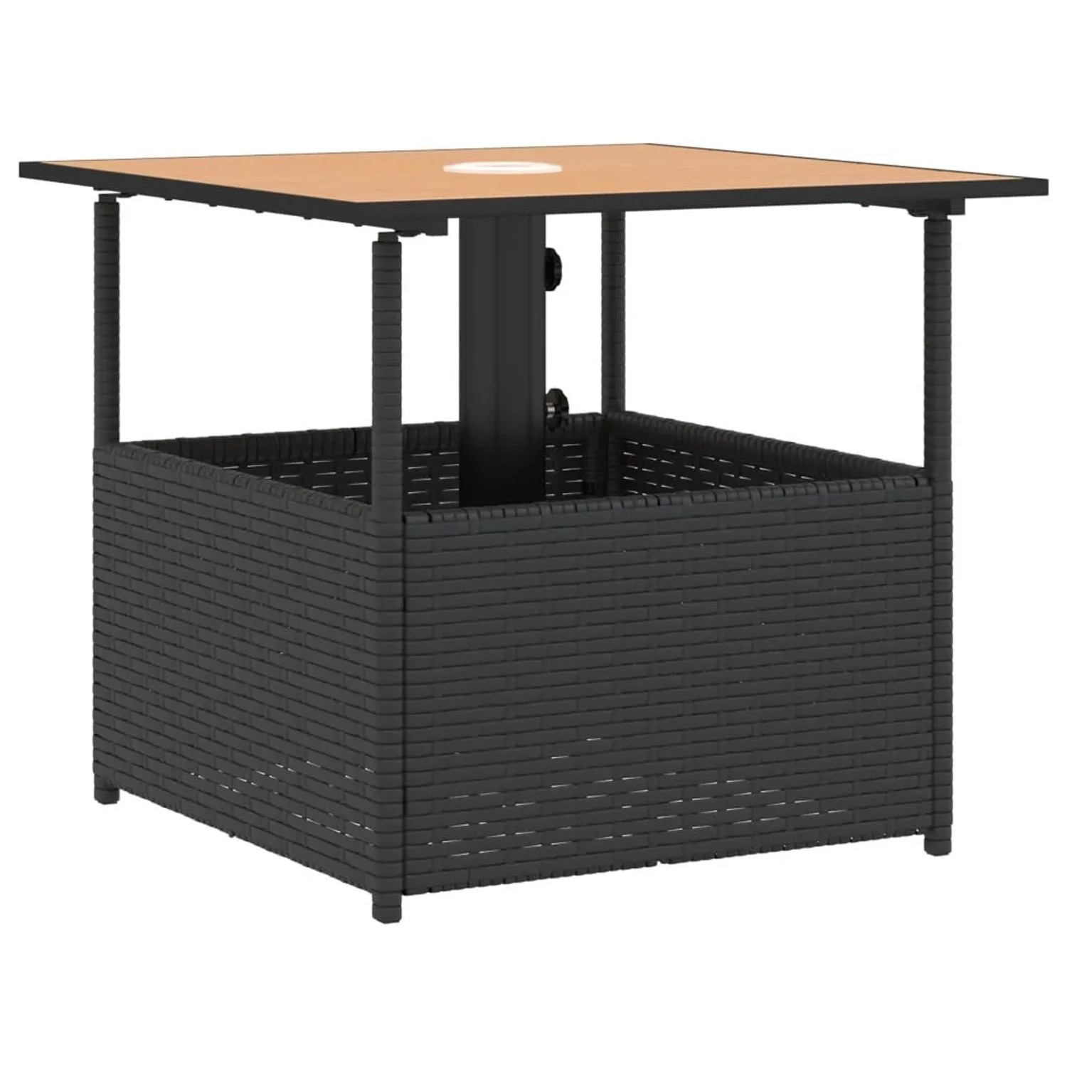 Schwarzer vidaXL Gartentisch mit Schirmloch, 55x55 cm, aus Poly Rattan und Akazienholz.