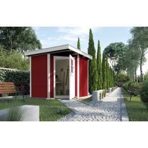 Weka Holz-Gartenhaus Angolo B, Flachdach, schwedenrot, 239x235 cm im Garten.