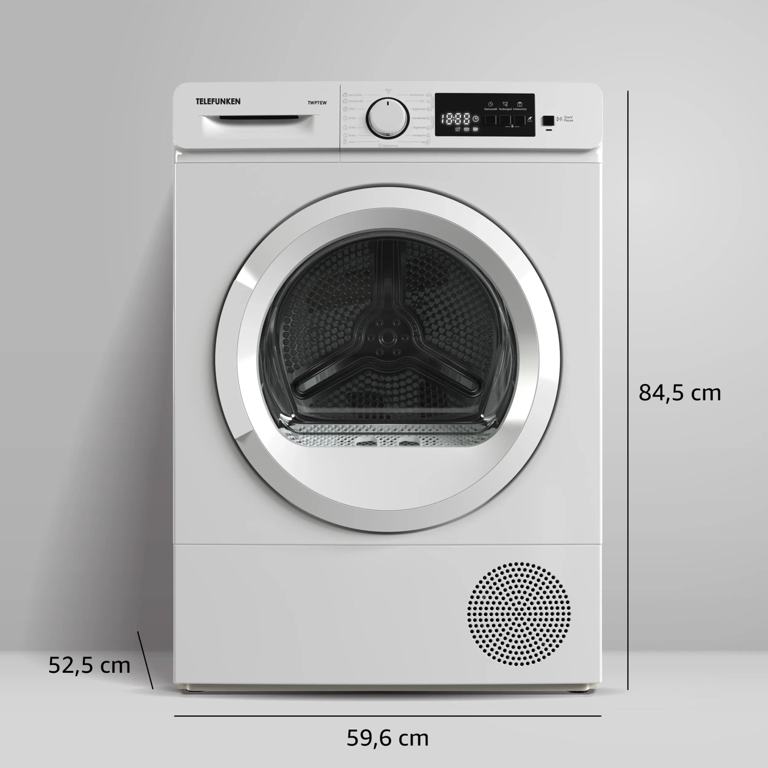Telefunken Wärmepumpentrockner TWP7EW, 7 kg Frontlader in Weiß mit Display und Knitterschutz.