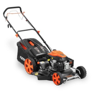 FUXTEC Benzin Rasenmäher FX-RM5396 in Schwarz-Orange mit 53cm Schnittbreite und 70L Fangkorb.