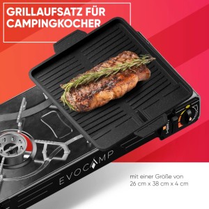 Evocamp Grillplatte 38x26 cm auf Gaskocher mit Steak. Antihaft BBQ Grillzubehör für Camping.