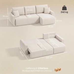 Cremeweißes HOMCOM Schlafsofa mit L-förmiger Chaiselongue, als Sofa und ausgeklapptes Bett dargestellt. Max. 240 kg.