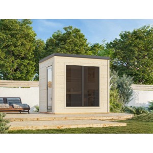 Naturbelassene Palmako Sauna Grace 250x230 cm aus Leimholz mit Panoramafenster und Iso-Rauchglasscheiben.