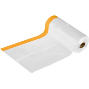 LUX-TOOLS PRO 2in1 Abdeckfolie mit orangefarbenem Washi-Klebeband, gerollt. Ideal für Malerarbeiten.