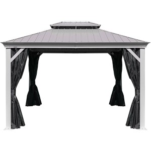 Sojag Pavillon Messina 10x12 Champagner mit Stahl-Doppeldach und Vorhängen.