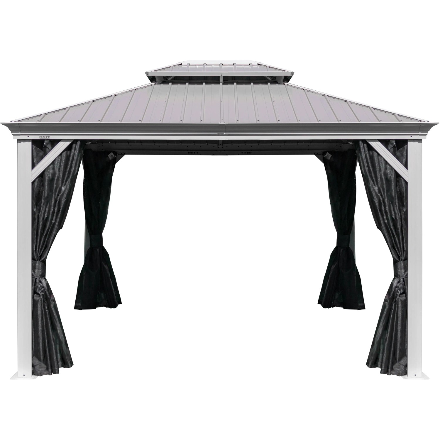 Sojag Pavillon Messina 10x12 Champagner mit Stahl-Doppeldach und Vorhängen.