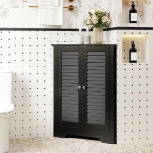 Schwarzer Costway Eckschrank mit Lamellentüren im Badezimmer. Stilvolles Badregal aus MDF für optimalen Stauraum.